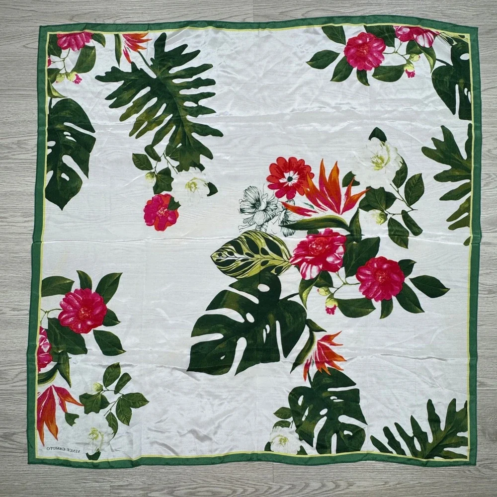 Vince Camuto Women Scarf‎ Square Tropical Floral Monstera Green White 34x34
